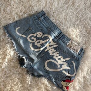 Ed Hardy Light Blue Denim Cutoff Shorts with White Script